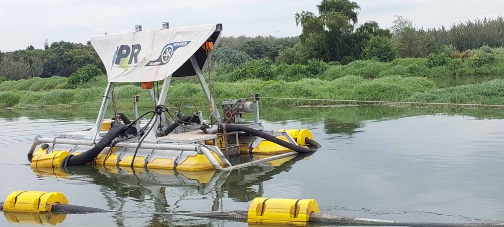 The powerful SlurrySucker dredging system is equipped with three Toyo K30 heavy-duty submersible slurry pumps.